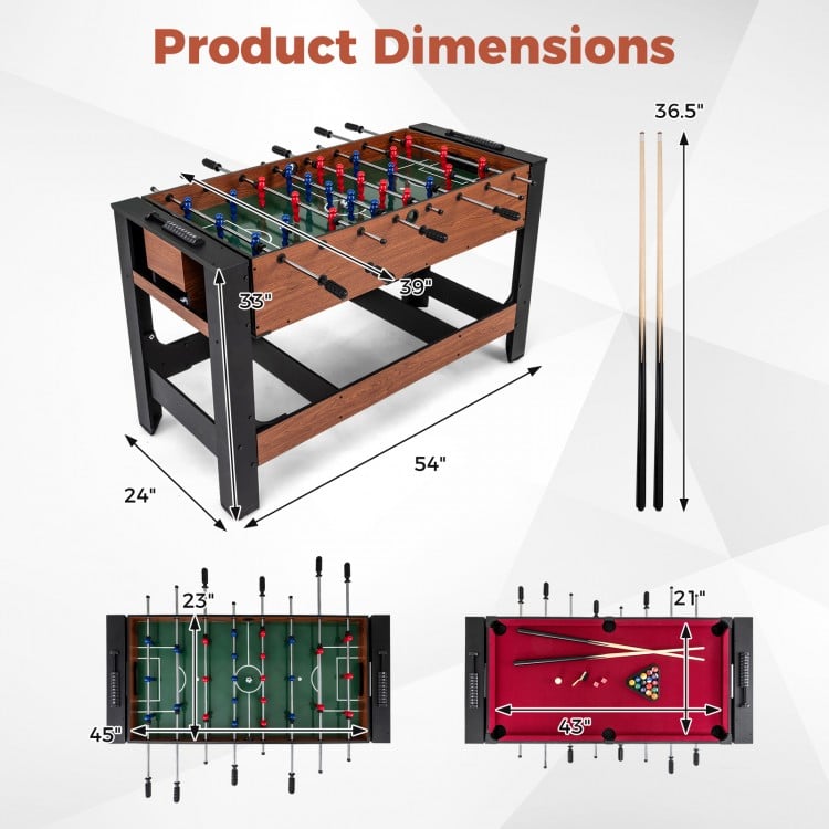 2-in-1 foosball and pool combo table with dimensions, featuring a sturdy design and ergonomic handles for enhanced.
