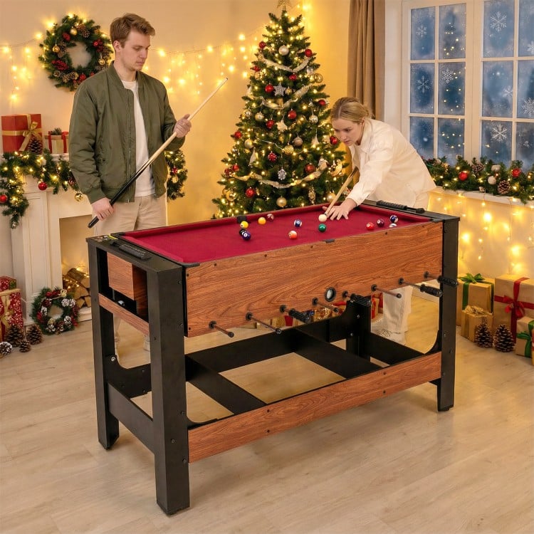 Full size foosball and pool combo table with black and brown finish, featuring ergonomic handles and smooth velvet.