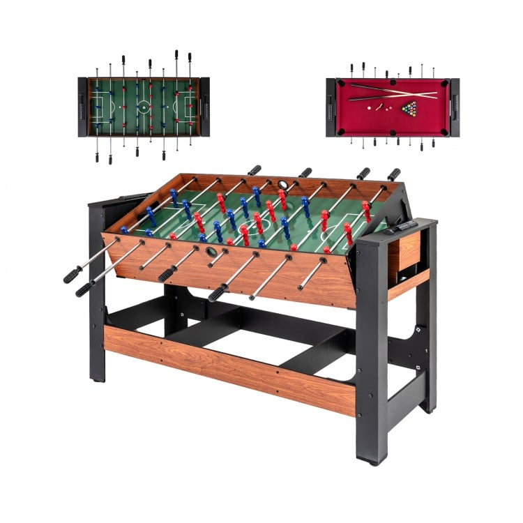 2-in-1 foosball and pool combo table with black and brown finish, featuring ergonomic handles and sturdy legs for.