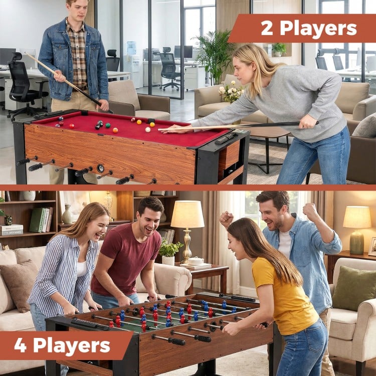 Foosball and pool combo table showing 2-player and 4-player gameplay, featuring ergonomic handles and solid wood cues.