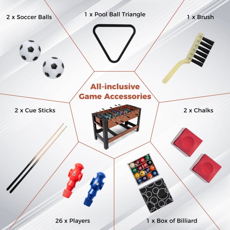 2-in-1 foosball and pool combo table with accessories, featuring a black and brown design for versatile gameplay.