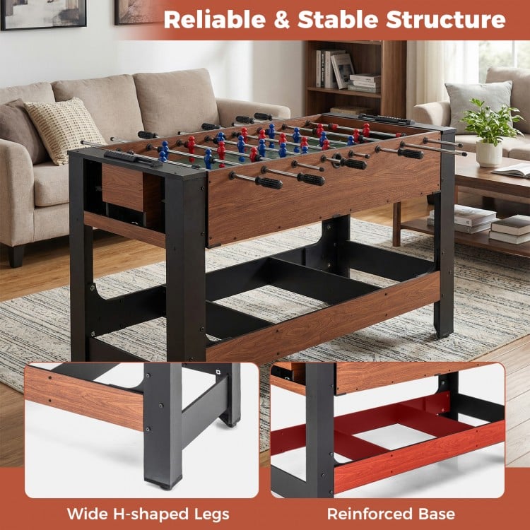 Full view of the 2-in-1 foosball and pool combo table with a reinforced base and wide H-shaped legs for stability.