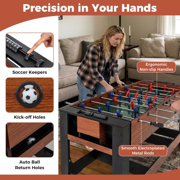 2-in-1 foosball and pool combo table with ergonomic handles and smooth metal rods for precise control during gameplay.