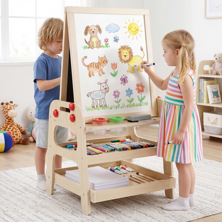 Kids art easel featuring a magnetic whiteboard, marble run game, and colorful markers for creative play and learning.