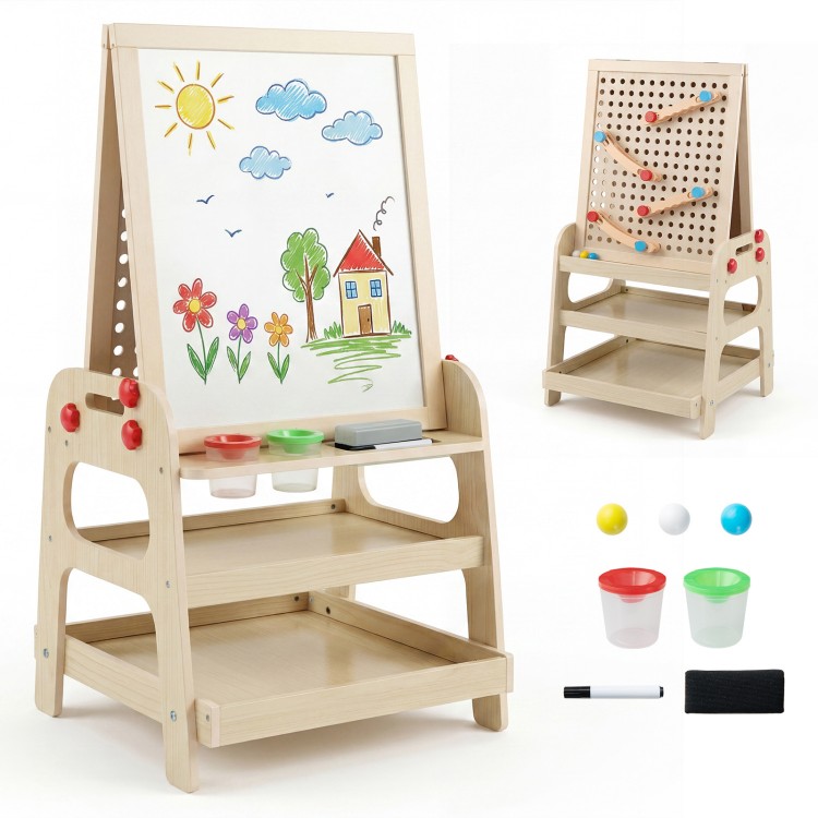 Kids 2-in-1 art easel features a magnetic whiteboard and marble run game for creative play and skill development.