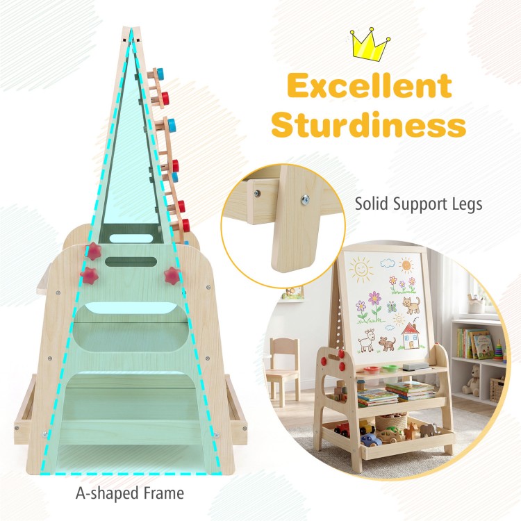 A-shaped frame 2-in-1 kids art easel features a magnetic whiteboard and marble run game for creative play.