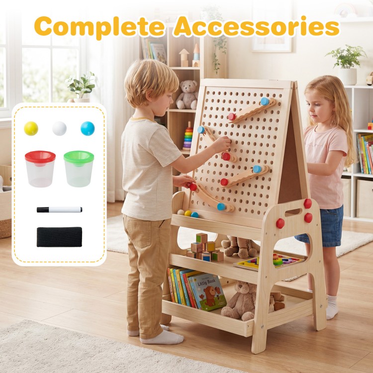 Kids play with the 2-in-1 kids art easel featuring a magnetic whiteboard and marble run game for creative fun.