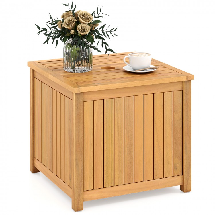 Square acacia wood outdoor side table with slatted design, featuring a storage compartment and umbrella hole for.