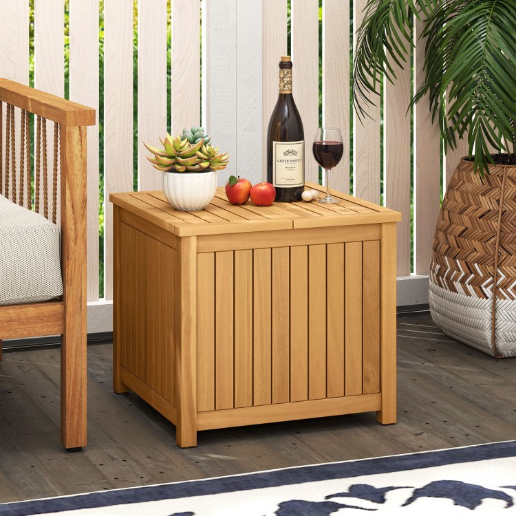 Square acacia wood side table with slatted design, featuring storage and an umbrella hole, ideal for outdoor use.