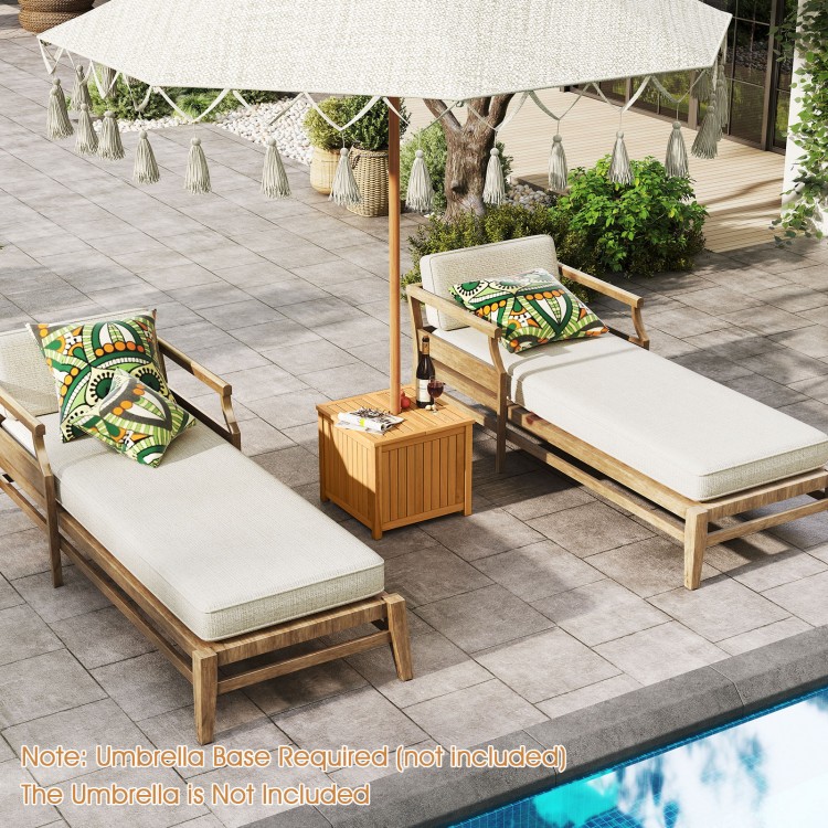 Square acacia wood side table with slatted design and storage, ideal for outdoor use by the pool or patio.