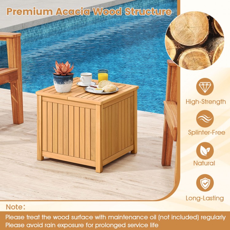 Square acacia wood side table with slatted design, featuring storage and umbrella hole, perfect for outdoor use.