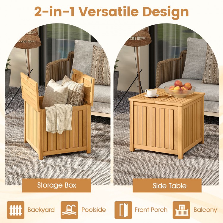 2-in-1 outdoor side table with storage in acacia wood, featuring a slatted design for backyard or poolside use.