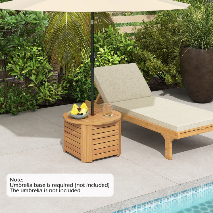 Acacia wood outdoor side table with umbrella hole, featuring slatted design and storage for backyard or poolside use.