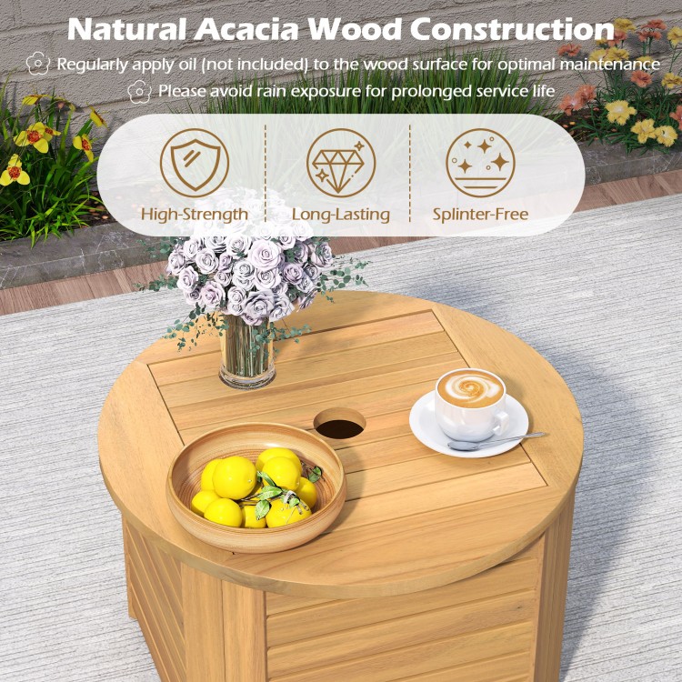 Round acacia wood side table with slatted design and umbrella hole, perfect for outdoor storage and patio use.