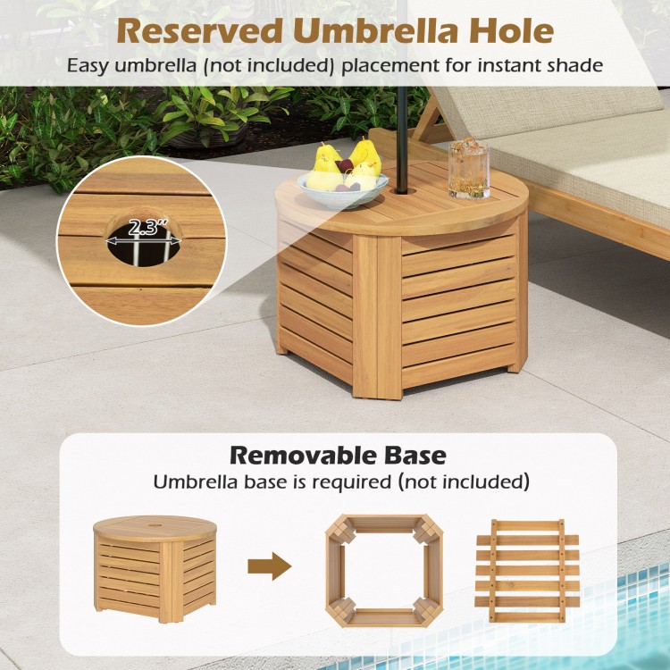 2-in-1 outdoor side table with storage, acacia wood, featuring a 2.3-inch umbrella hole for patio umbrellas.