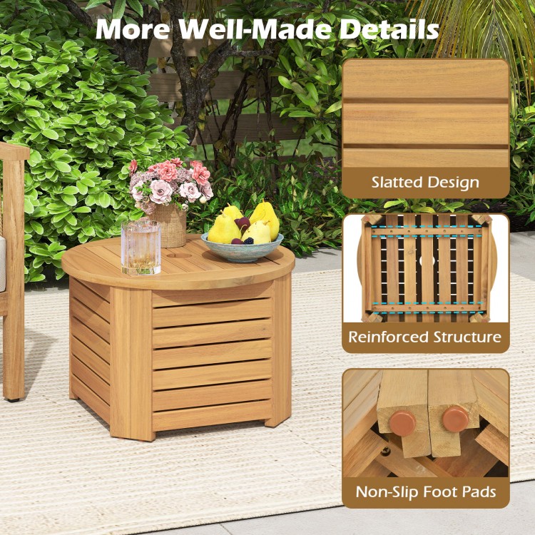 Acacia wood 2-in-1 outdoor side table with slatted design, featuring storage and reinforced structure for stability.