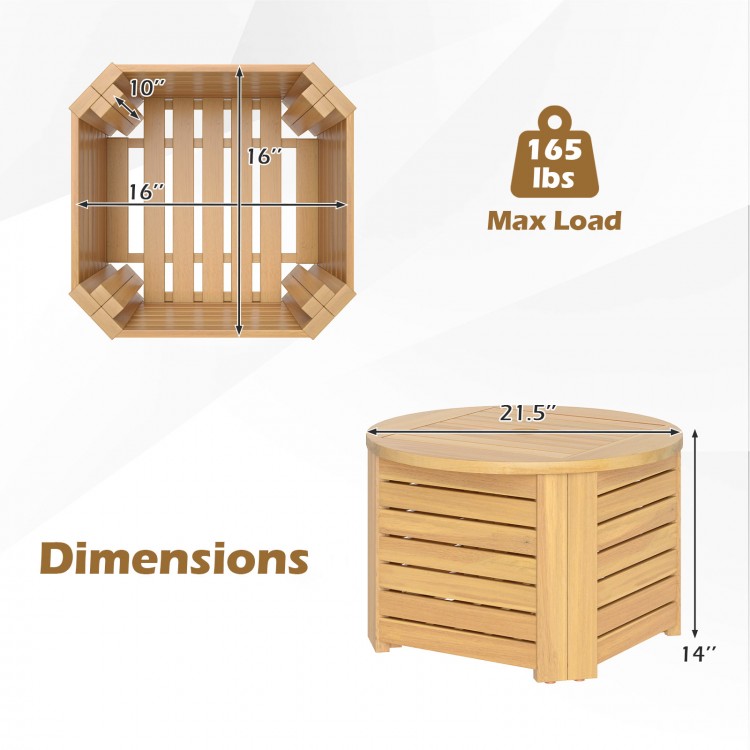 Square and round acacia wood outdoor side table with storage, featuring dimensions and max load of 165 lbs.
