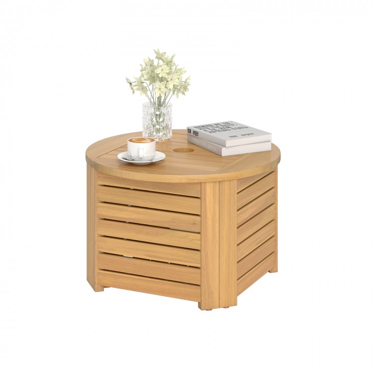 Acacia wood 2-in-1 outdoor side table with slatted design, featuring a removable top for storage and umbrella hole.