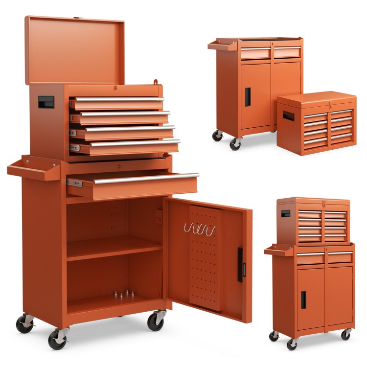 2-in-1 rolling tool chest in orange with five sliding drawers, large cabinet, and hooks for hanging tools.