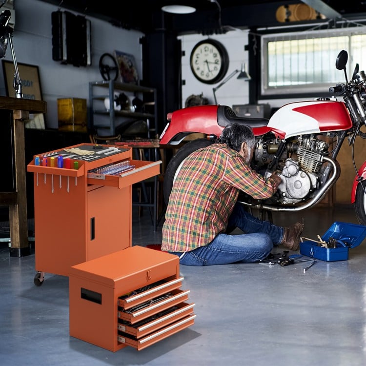 2-in-1 rolling tool chest in orange with five drawers and trays, ideal for organizing tools in a workshop setting.