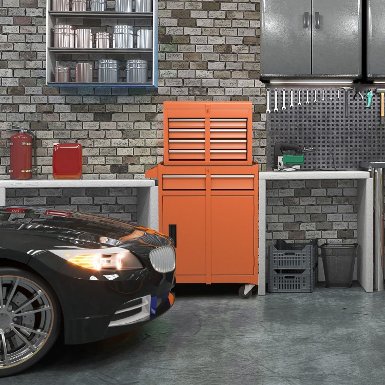 2-in-1 rolling tool chest in orange with five lockable drawers, large storage capacity, and smooth-gliding rails.