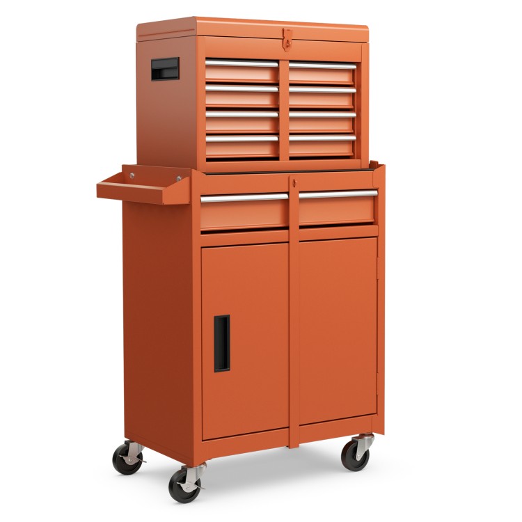 2-in-1 rolling tool chest in orange with five lockable drawers, large cabinet, and four swivel wheels for easy mobility.