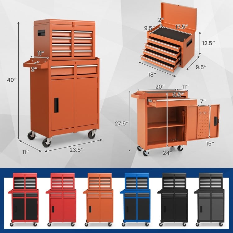 2-in-1 rolling tool chest in orange with five sliding drawers, large cabinet, and wheels for easy mobility.