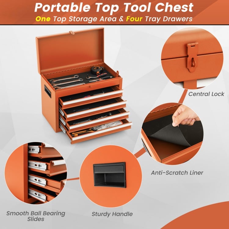 Portable orange 2-in-1 rolling tool chest with five sliding drawers and a top storage area for organized tool storage.