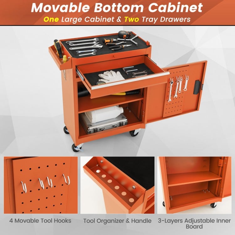 Movable bottom cabinet of the 2-in-1 rolling tool chest in orange with two tray drawers and tool hooks for organized.