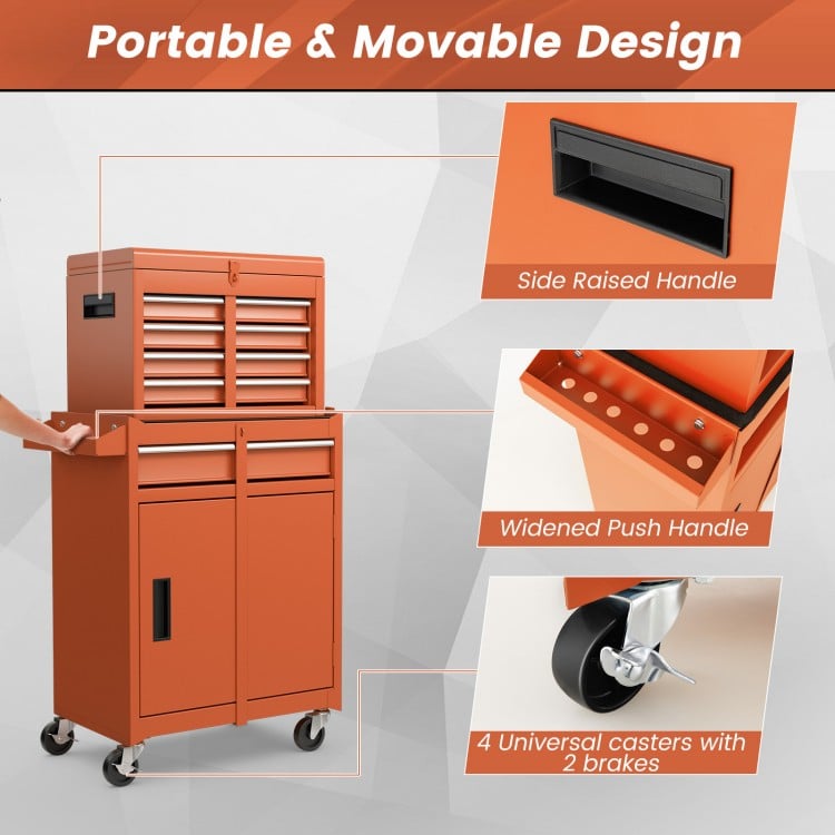 Rolling tool chest in orange with five lockable drawers, side handle, and four universal wheels for easy mobility.