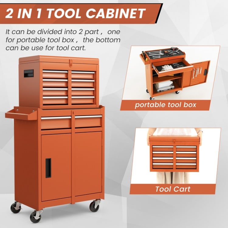 2-in-1 rolling tool chest in orange with five lockable drawers and wheels, ideal for tool storage and organization.