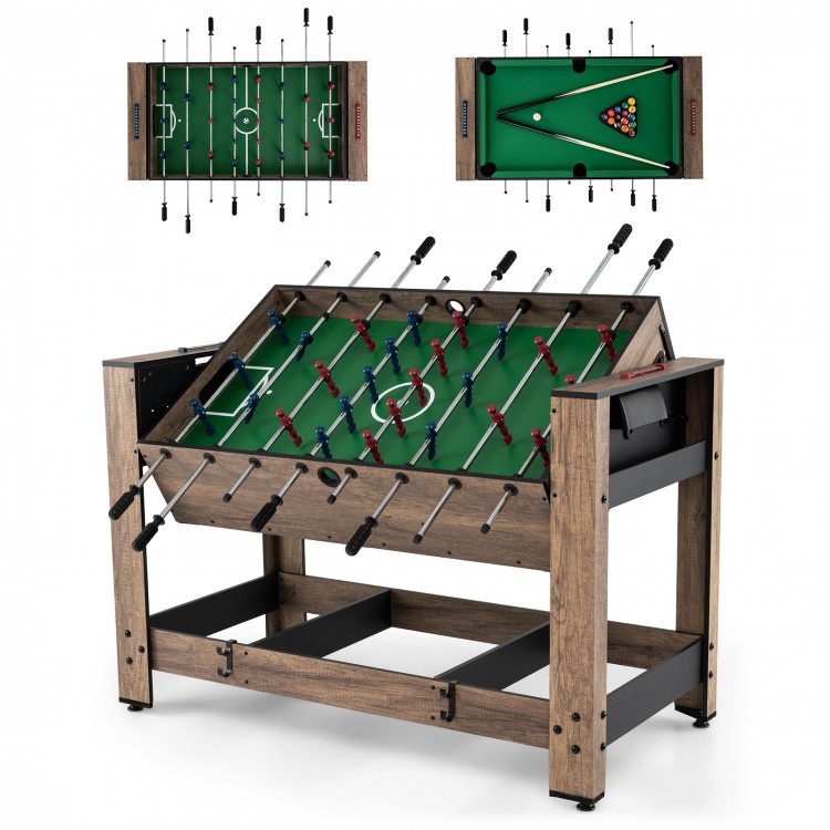 2-in-1 swivel foosball and pool combo game table with sturdy wood legs, designed for home or party entertainment.