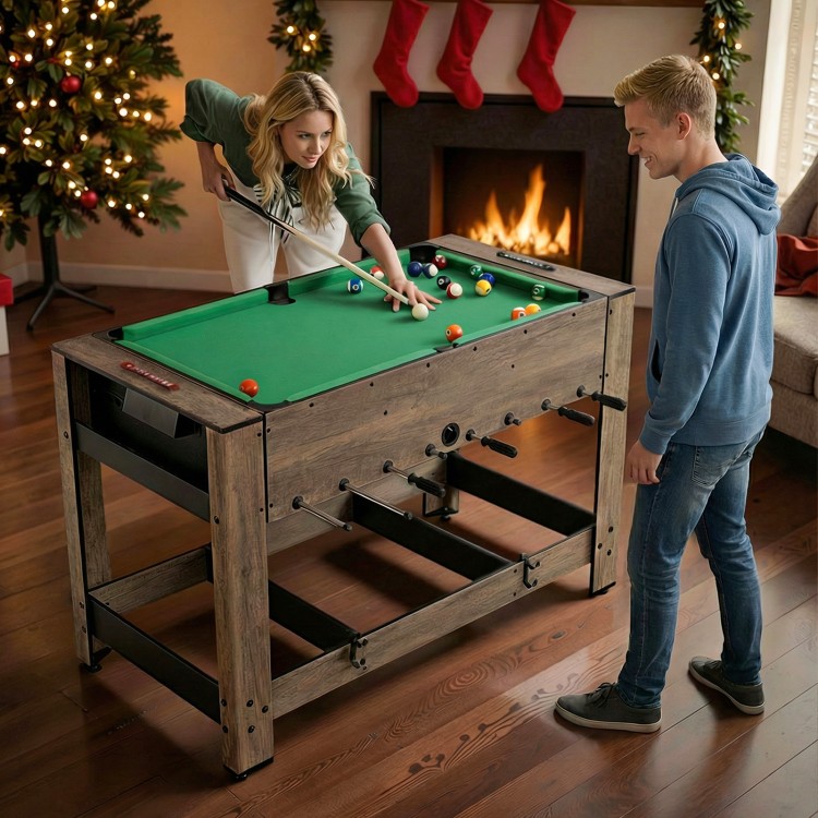 2-in-1 swivel foosball and pool combo game table with green felt, perfect for family game nights and gatherings.
