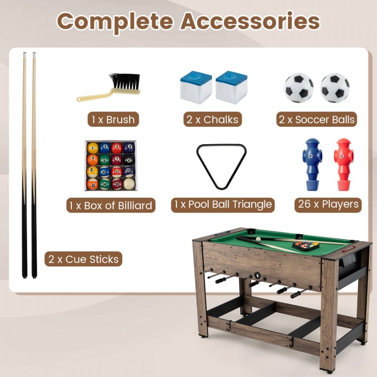 2-in-1 swivel foosball and pool combo game table with cue sticks, soccer balls, and complete accessories for family fun.