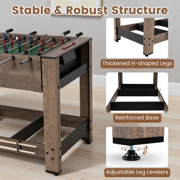 Close-up of the 2-in-1 swivel foosball and pool combo game table showing thickened H-shaped legs and adjustable leg.