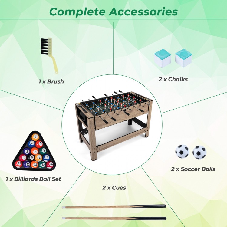 2-in-1 swivel game table in brown with foosball and pool accessories, designed for 2-4 players, ideal for game nights.