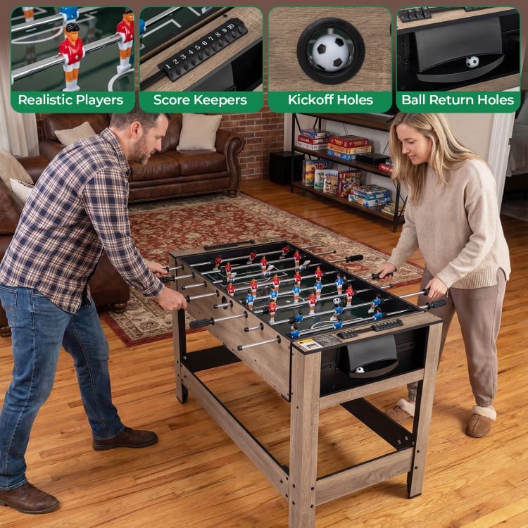 Swivel game table featuring realistic players and anti-slip handles, perfect for foosball and pool games for 2-4.