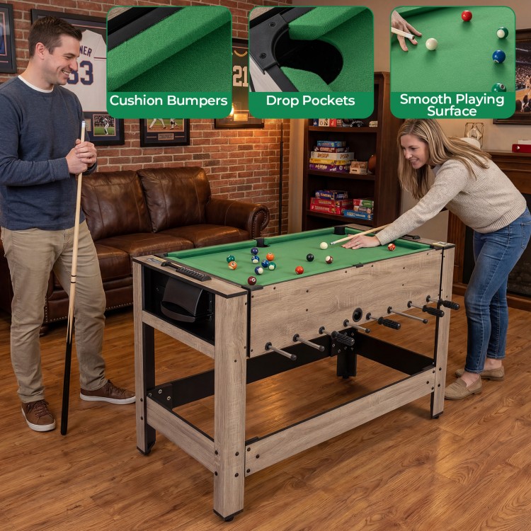 Swivel game table featuring a smooth playing surface, cushion bumpers, and drop pockets for fun gameplay.