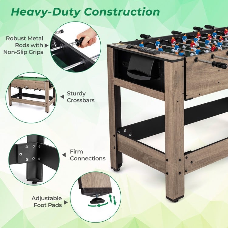 Close-up of the sturdy H-shaped legs and adjustable foot pads of the 2-in-1 swivel game table for balanced play.