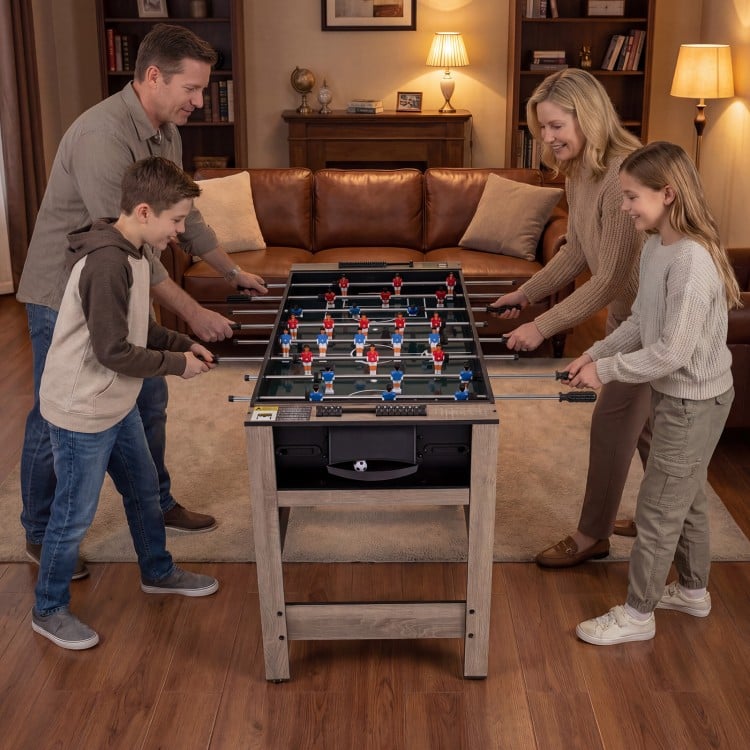Family enjoying the 2-in-1 swivel game table, featuring a brown finish and sturdy H-shaped legs for balanced gameplay.