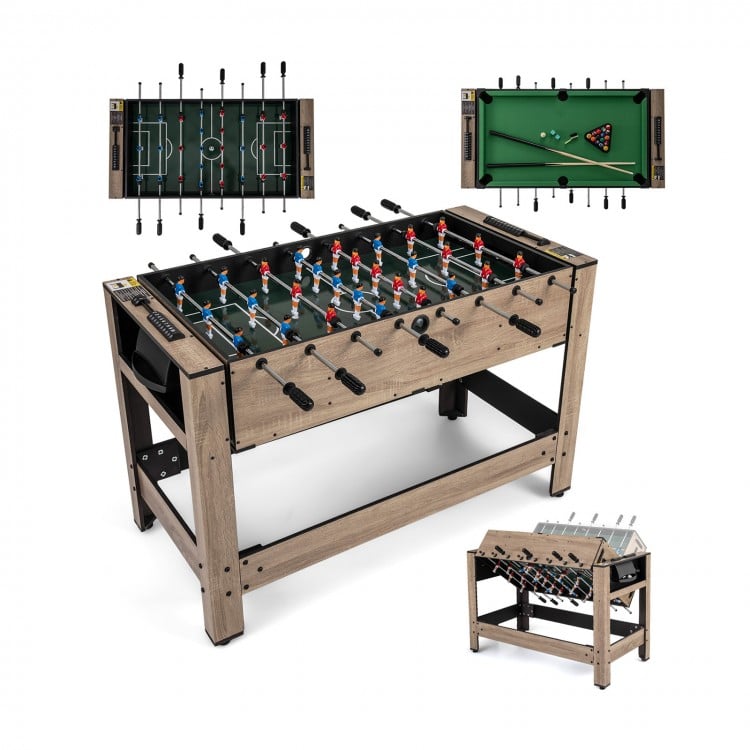 Swivel game table featuring foosball and pool options, brown finish, sturdy legs, and anti-slip handles for gameplay.