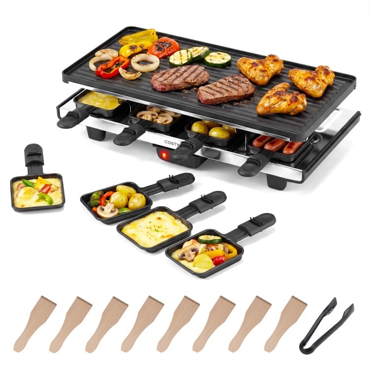 2-in-1 table grill and griddle with reversible nonstick plate, includes 8 cheese pans and wooden spatulas for group meals.