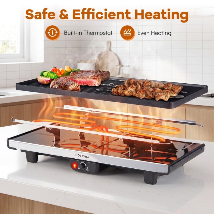 2-in-1 table grill and griddle with a reversible nonstick plate, ideal for cooking meals for up to 8 people.