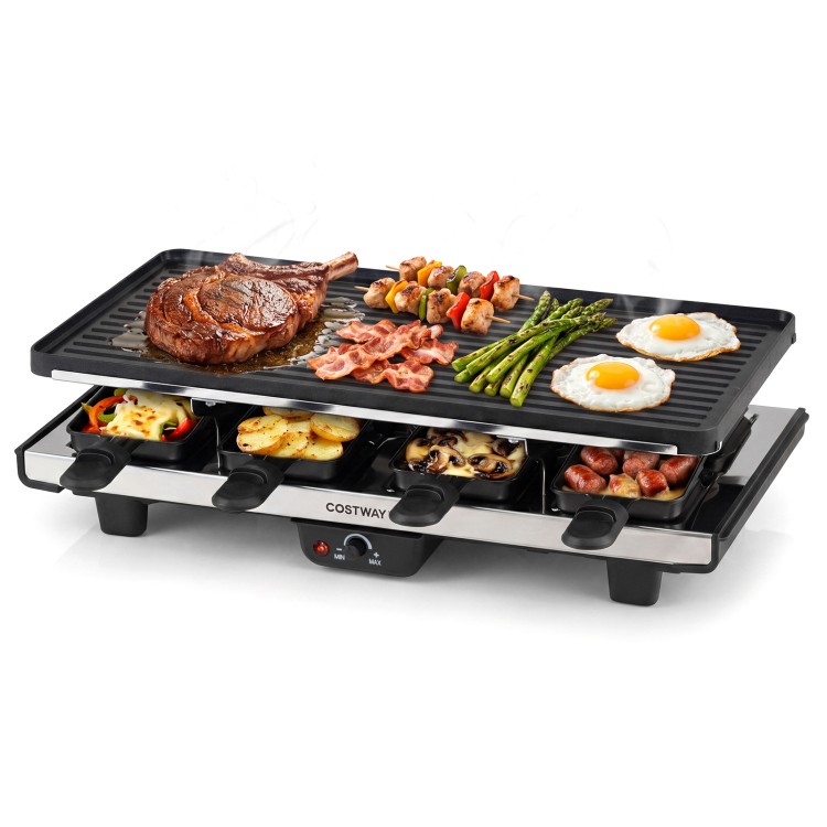 Table grill and griddle with reversible nonstick plate, 1400W power, and 8 cheese pans for group meals and gatherings.
