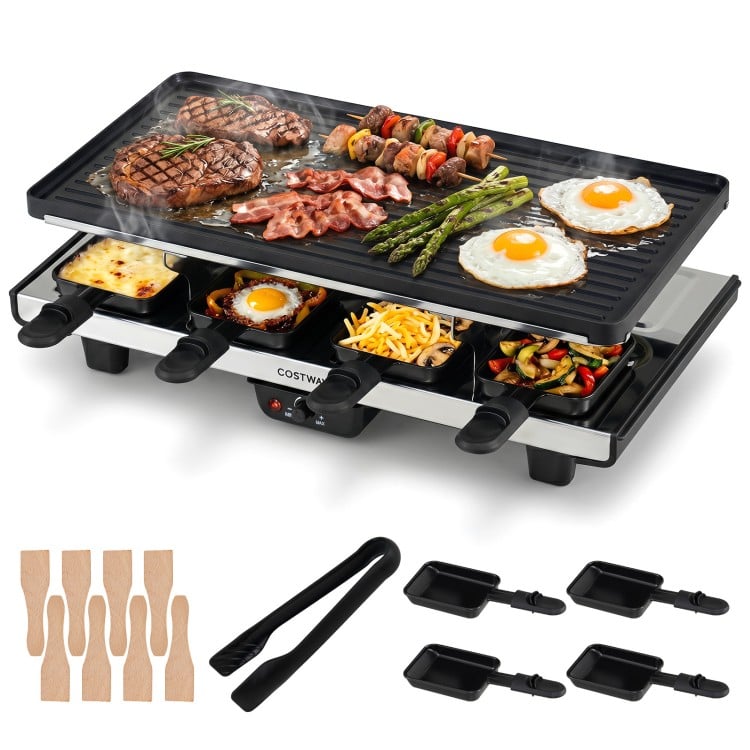 Reversible nonstick table grill and griddle with 8 cheese pans, ideal for family gatherings and parties.
