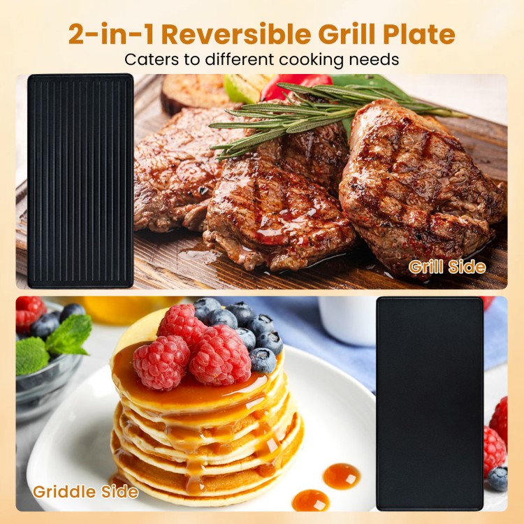 Reversible nonstick grill and griddle plate for 8, featuring efficient heating and easy cleanup for family gatherings.