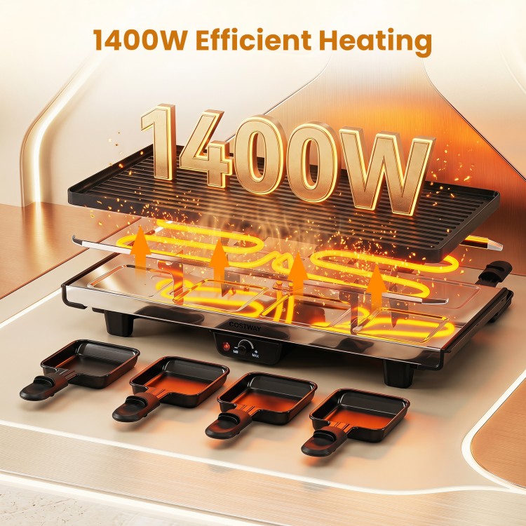 2-in-1 table grill and griddle with a reversible nonstick plate, featuring 1400W efficient heating for group meals.