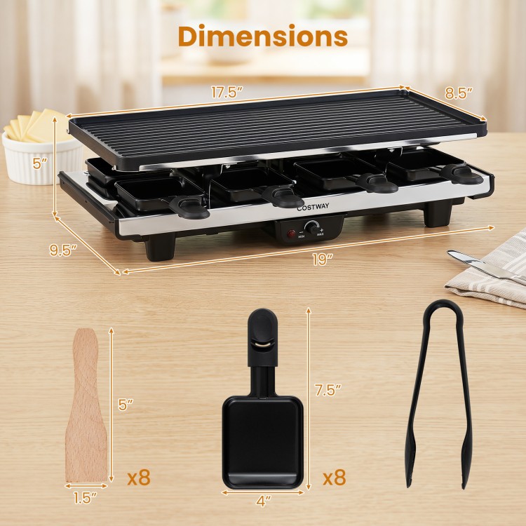 Reversible nonstick plate 2-in-1 table grill and griddle with 8 cheese pans, perfect for family gatherings and parties.