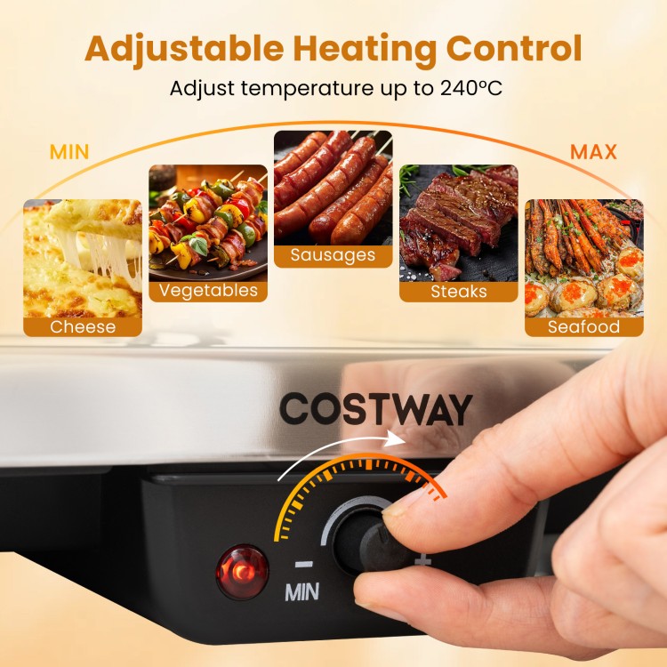 Adjustable heating control knob on the 2-in-1 table grill and griddle for efficient cooking up to 240°C.