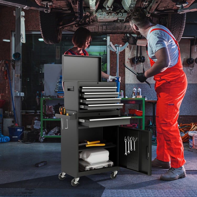 2-in-1 black tool chest and cabinet with five sliding drawers, large storage capacity, and wheels for easy mobility.